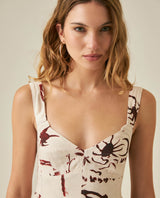 Womens Dress Midi A-Line Silhouette Viscose–Linen Print Smocked Back V-Neck - Raw 63_771H000_CRU131011_5