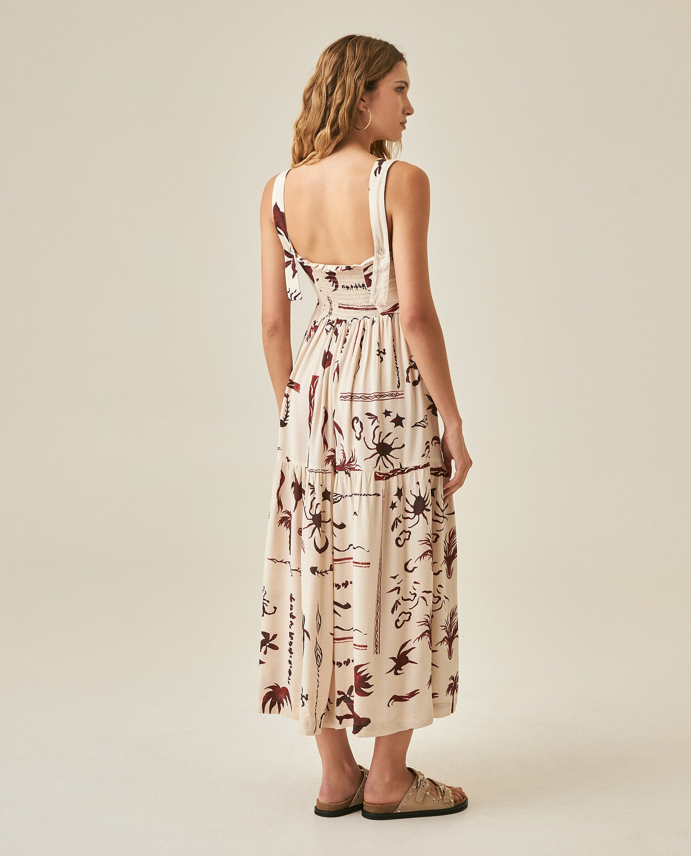 Womens Dress Midi A-Line Silhouette Viscose–Linen Print Smocked Back V-Neck - Raw 63_771H000_CRU131011_6