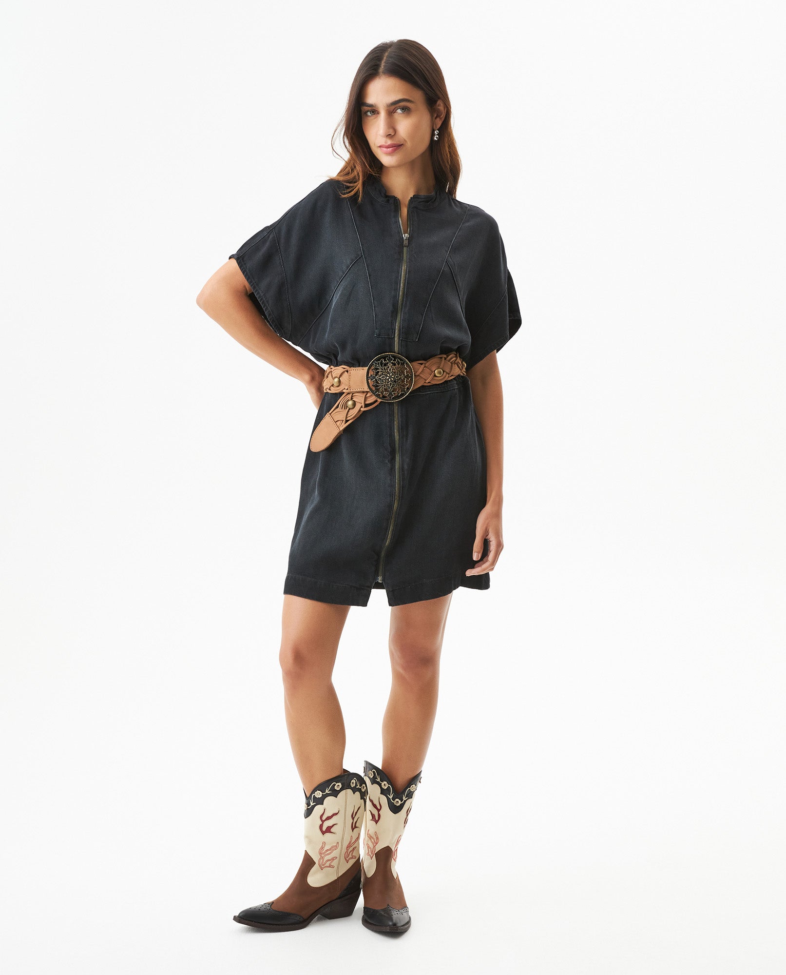 Women's Black Denim Short Dress in Lyocell-Rayon Blend, Splendor - 3