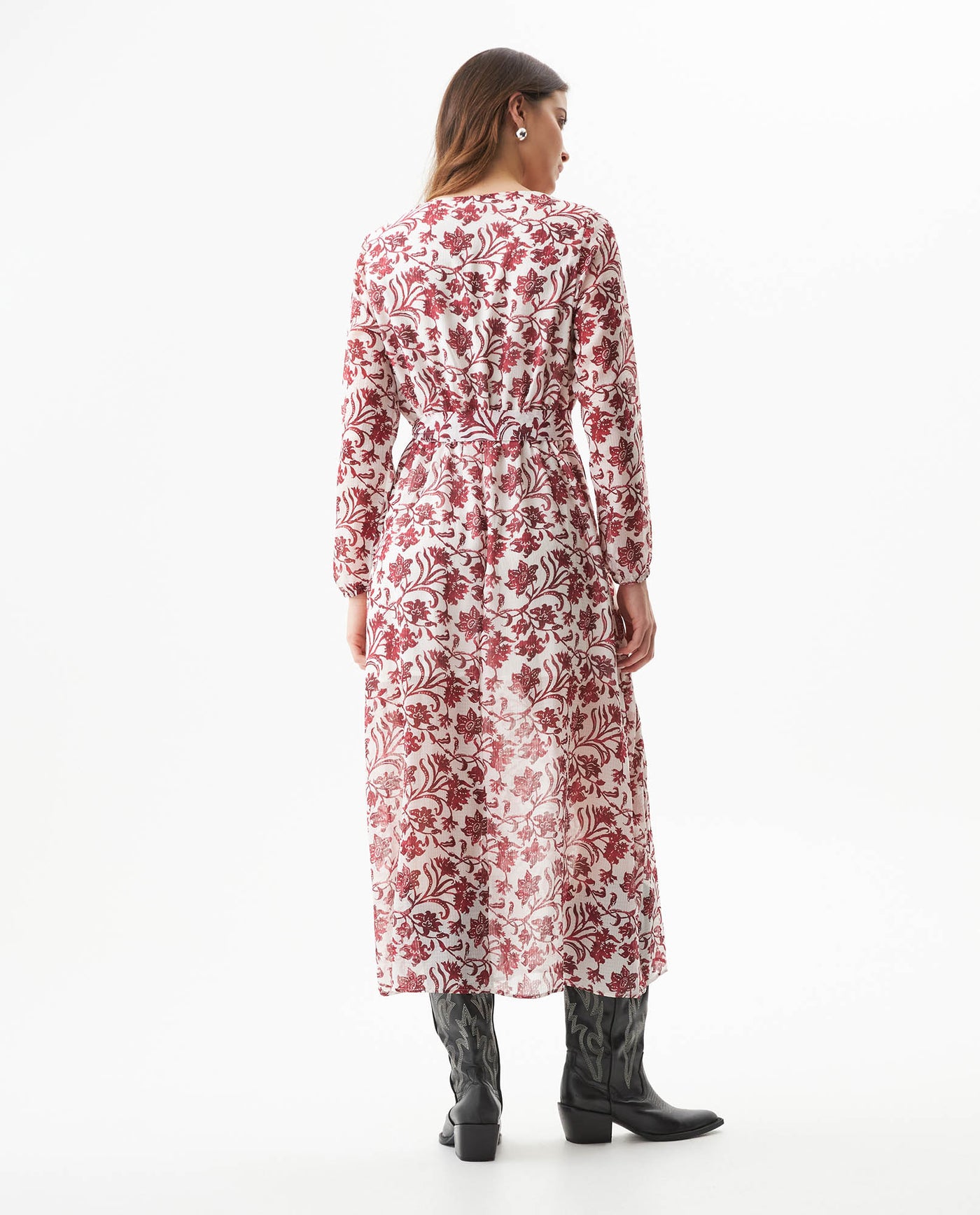 Women's Semi-Fitted Long Sleeve Belted Maxi Dress in Recycled Polyester Blend - 5