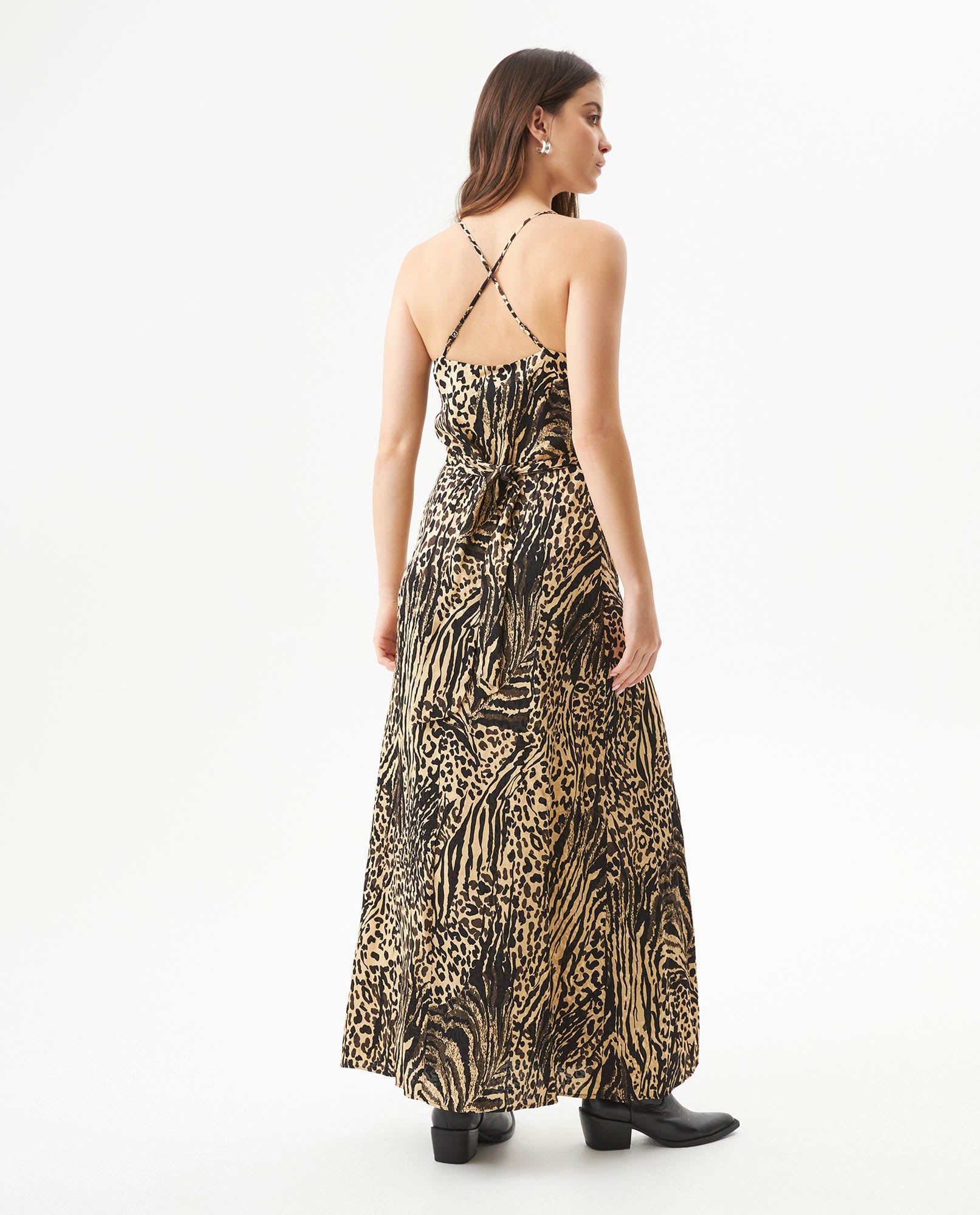 Women's Animal Print Cross-Strap Wide Maxi Dress in Viscose-Rayon Blend, Nightfall - 4