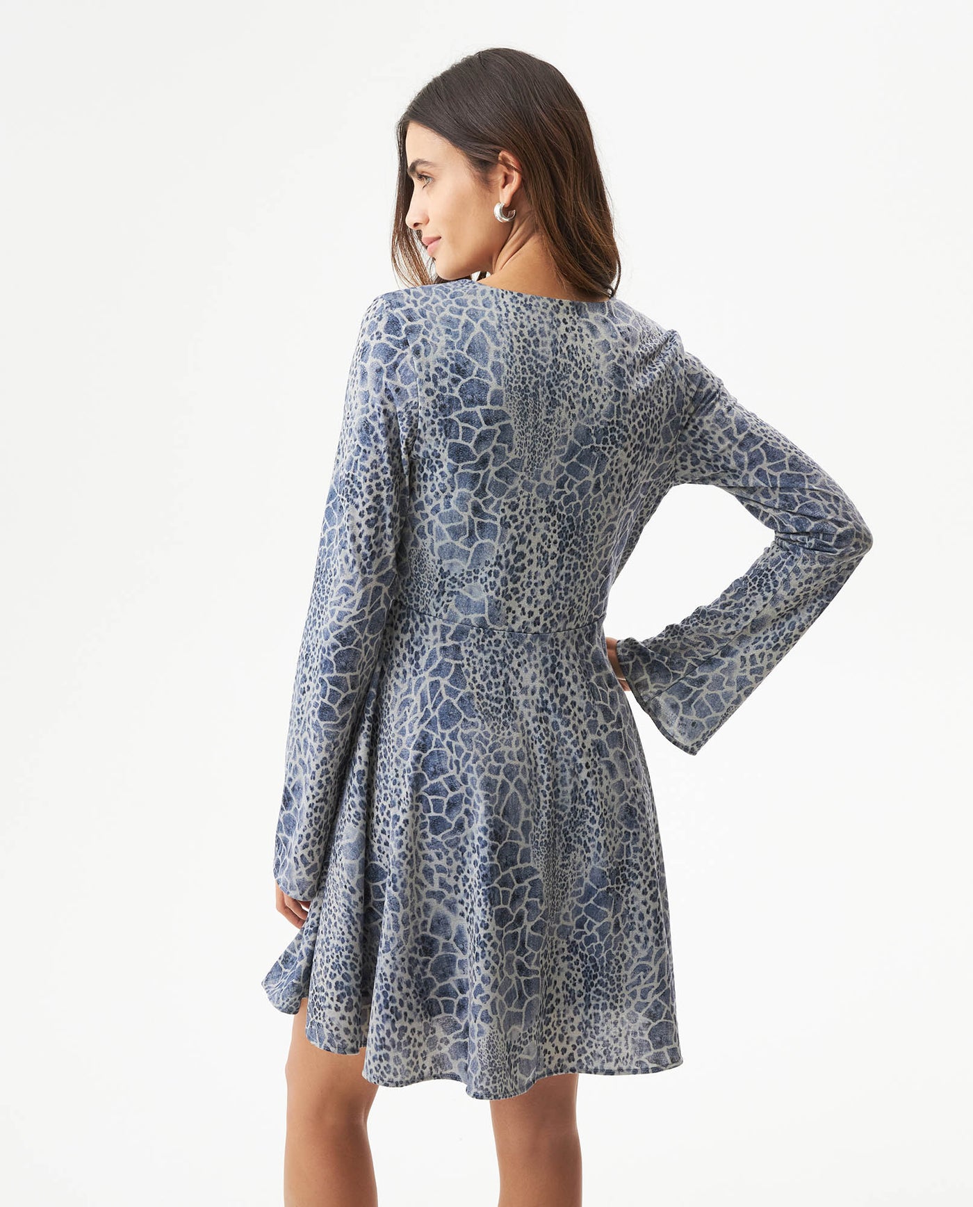 Women's Lurex Animal Print Bell Sleeve Short Dress in Polyester Blend - 5