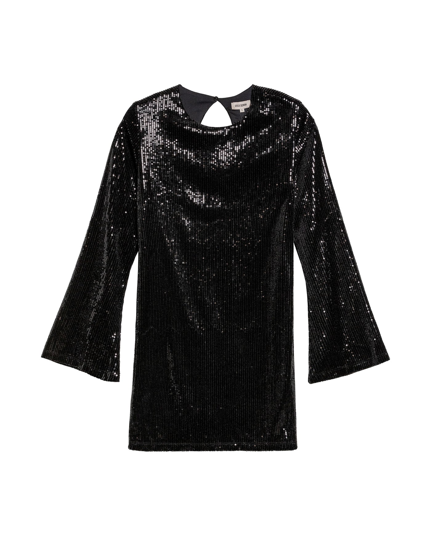 Women's Sequined Bell Sleeve Short Dress in Polyester Stretch Blend - 1