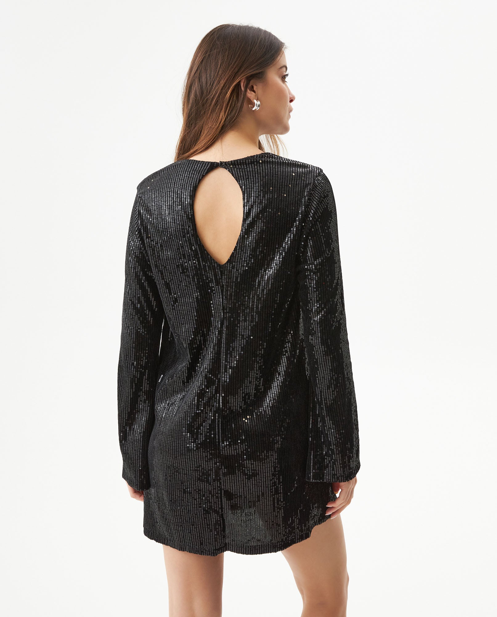 Women's Sequined Bell Sleeve Short Dress in Polyester Stretch Blend - 5