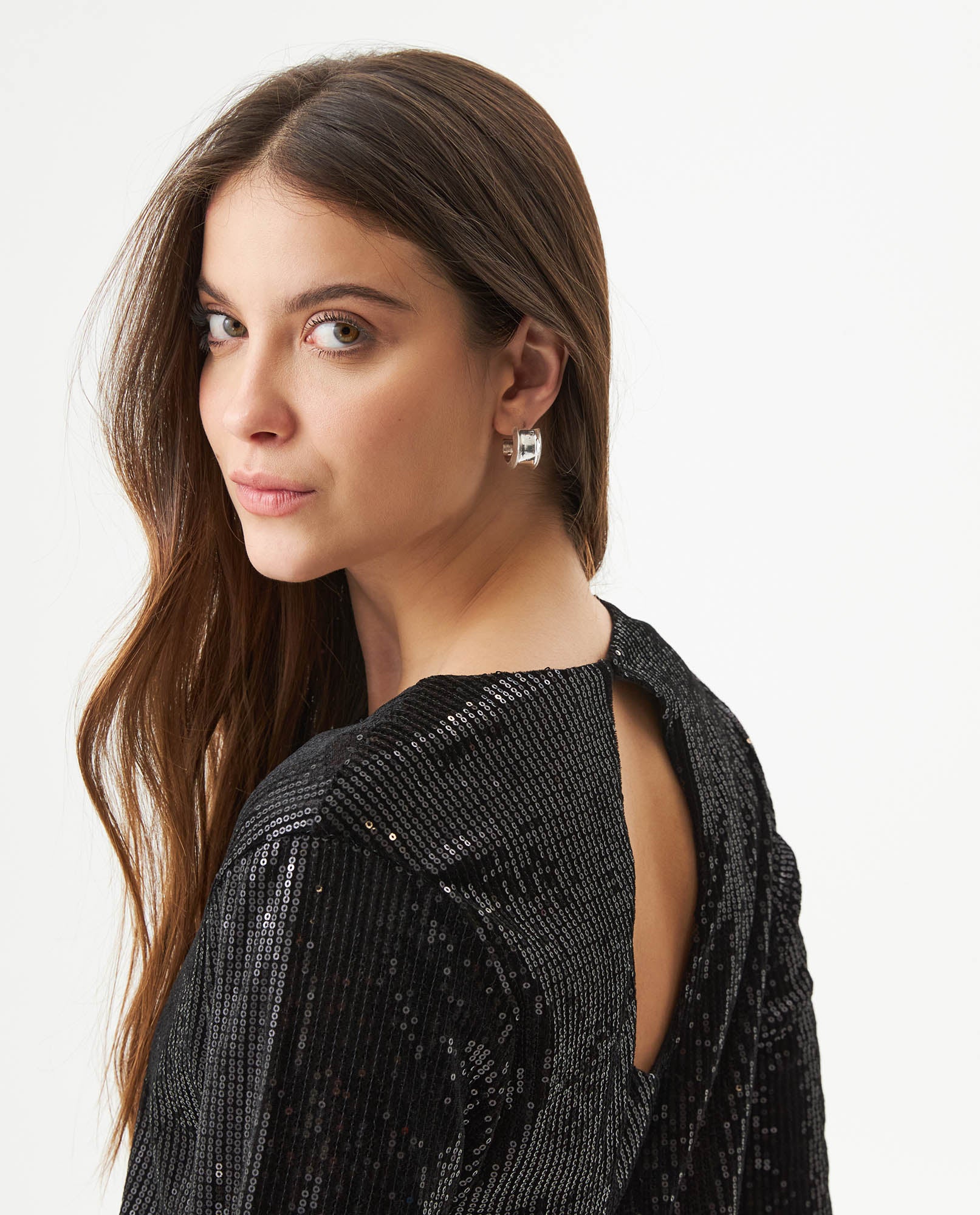 Women's Sequined Bell Sleeve Short Dress in Polyester Stretch Blend - 6