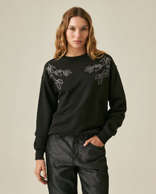 Womens Sweatshirt Closed Semi-Wide Cotton Blend Tone-on-Tone Floral Embroidery - Black 63_781H001_NEG194004_0