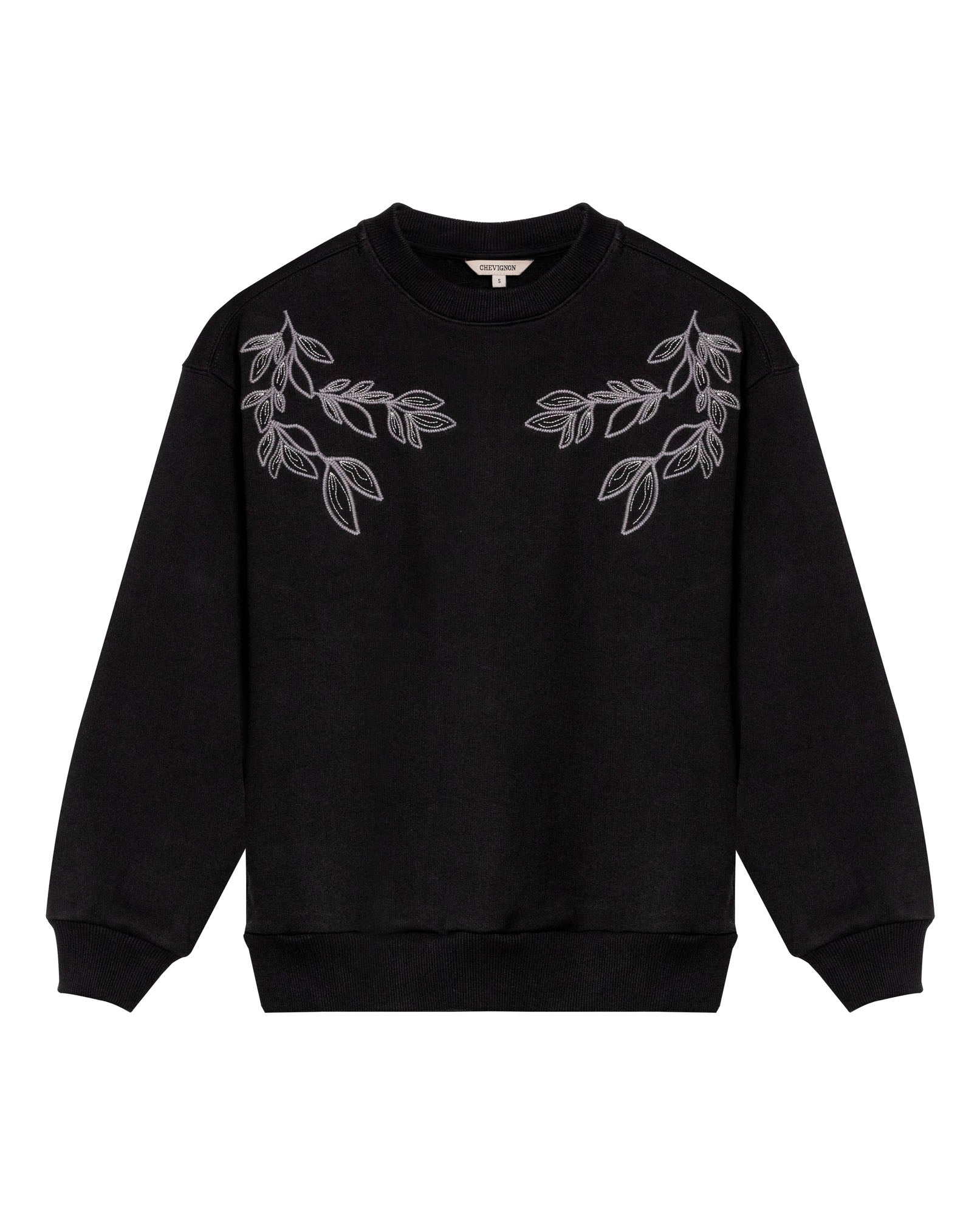 Womens Sweatshirt Closed Semi-Wide Cotton Blend Tone-on-Tone Floral Embroidery - Black 63_781H001_NEG194004_3