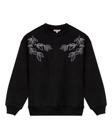 Womens Sweatshirt Closed Semi-Wide Cotton Blend Tone-on-Tone Floral Embroidery - Black 63_781H001_NEG194004_3