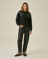 Womens Sweatshirt Closed Semi-Wide Cotton Blend Tone-on-Tone Floral Embroidery - Black 63_781H001_NEG194004_4