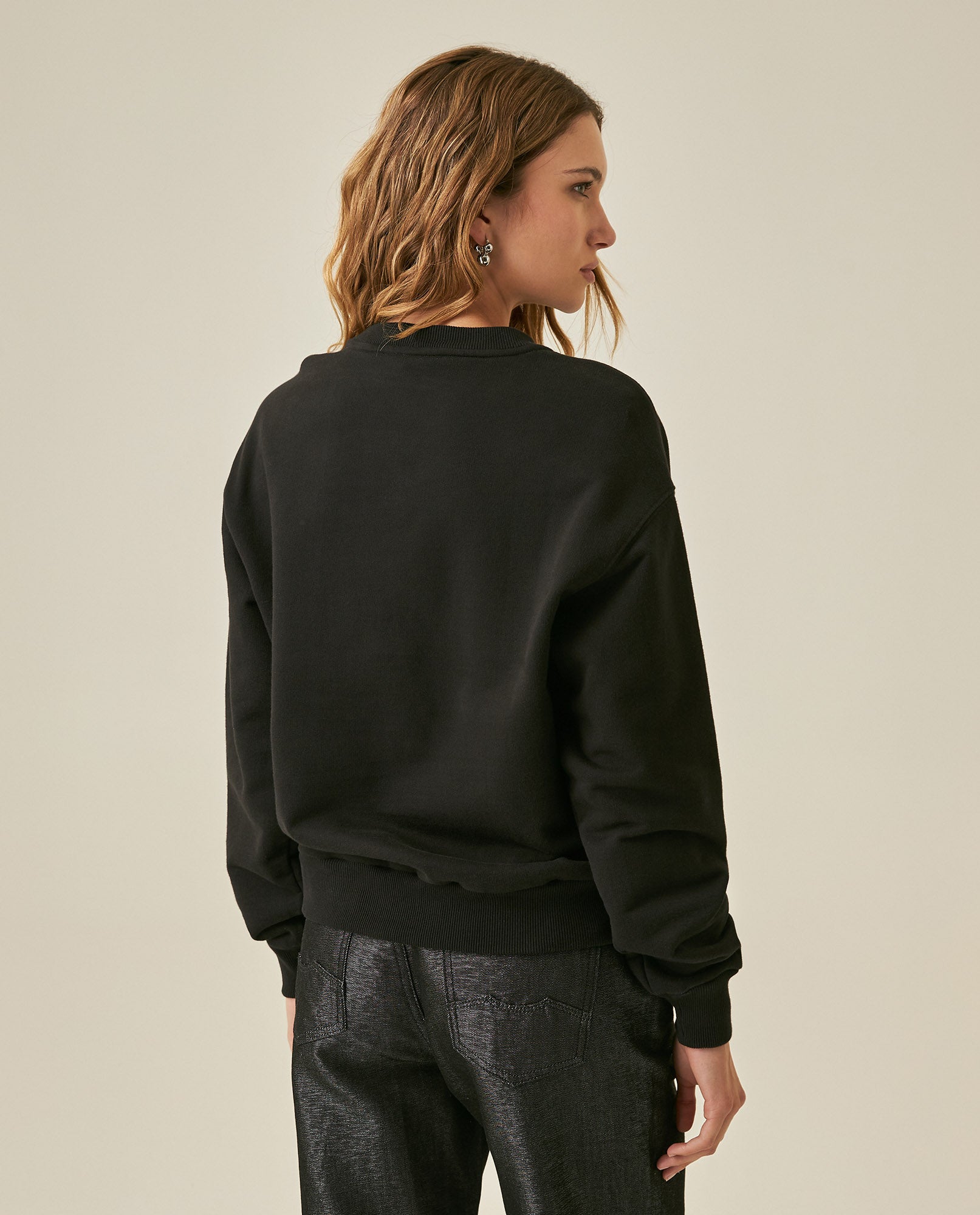 Womens Sweatshirt Closed Semi-Wide Cotton Blend Tone-on-Tone Floral Embroidery - Black 63_781H001_NEG194004_6