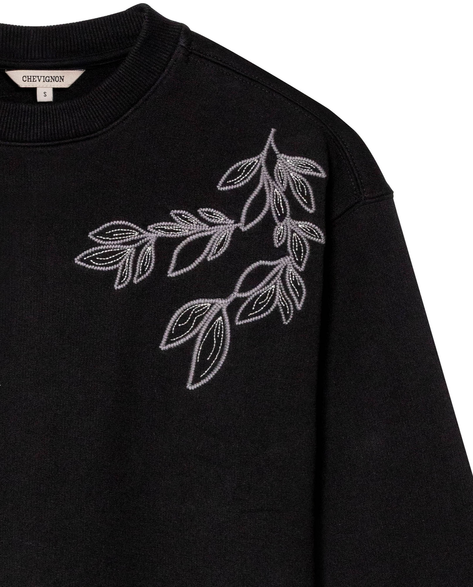 Womens Sweatshirt Closed Semi-Wide Cotton Blend Tone-on-Tone Floral Embroidery - Black 63_781H001_NEG194004_8