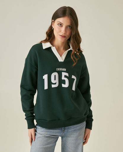 Womens Sweatshirt Polo Style Cotton Blend Embroidery - Dark Green 63_781H003_VER195406_0