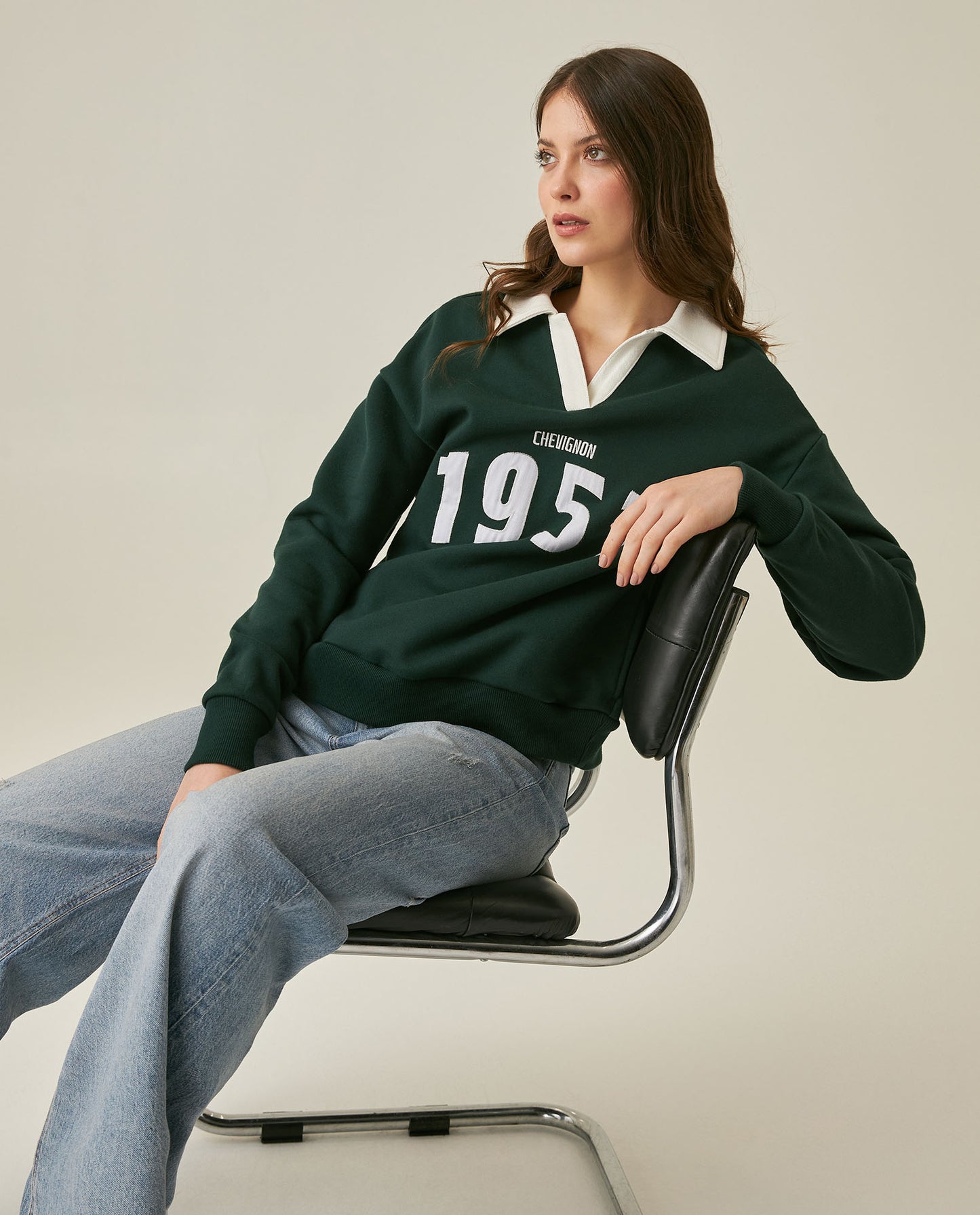 Womens Sweatshirt Polo Style Cotton Blend Embroidery - Dark Green 63_781H003_VER195406_4