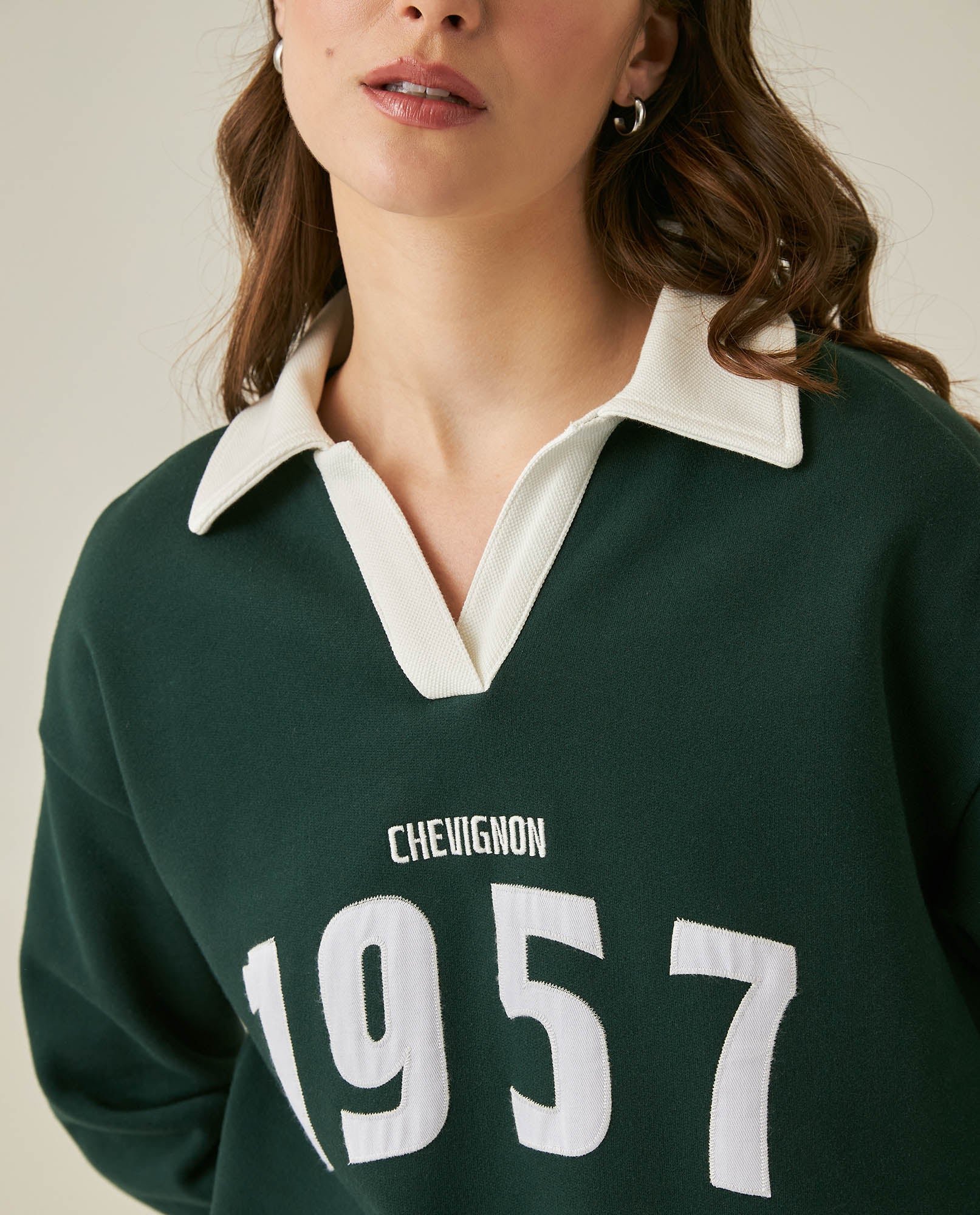 Womens Sweatshirt Polo Style Cotton Blend Embroidery - Dark Green 63_781H003_VER195406_5