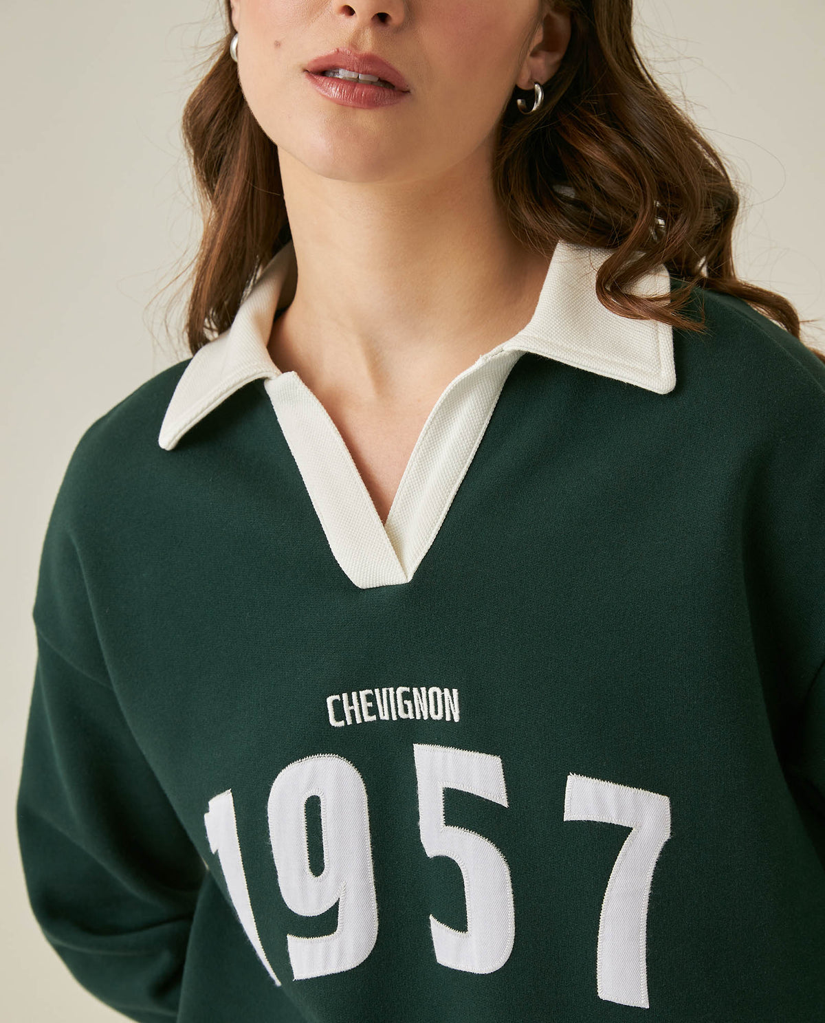 Womens Sweatshirt Polo Style Cotton Blend Embroidery - Dark Green 63_781H003_VER195406_5