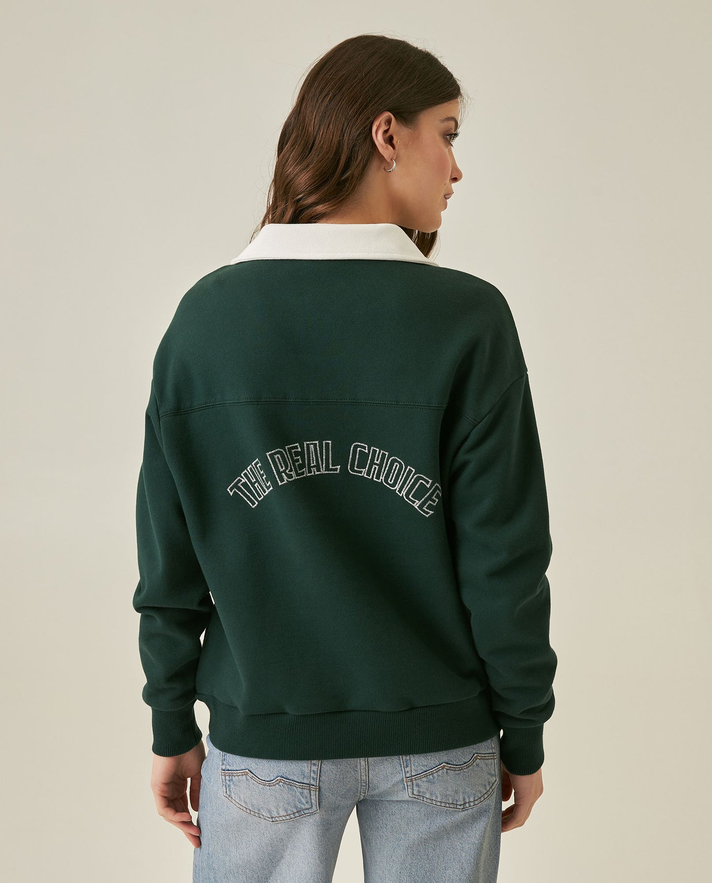 Womens Sweatshirt Polo Style Cotton Blend Embroidery - Dark Green 63_781H003_VER195406_6