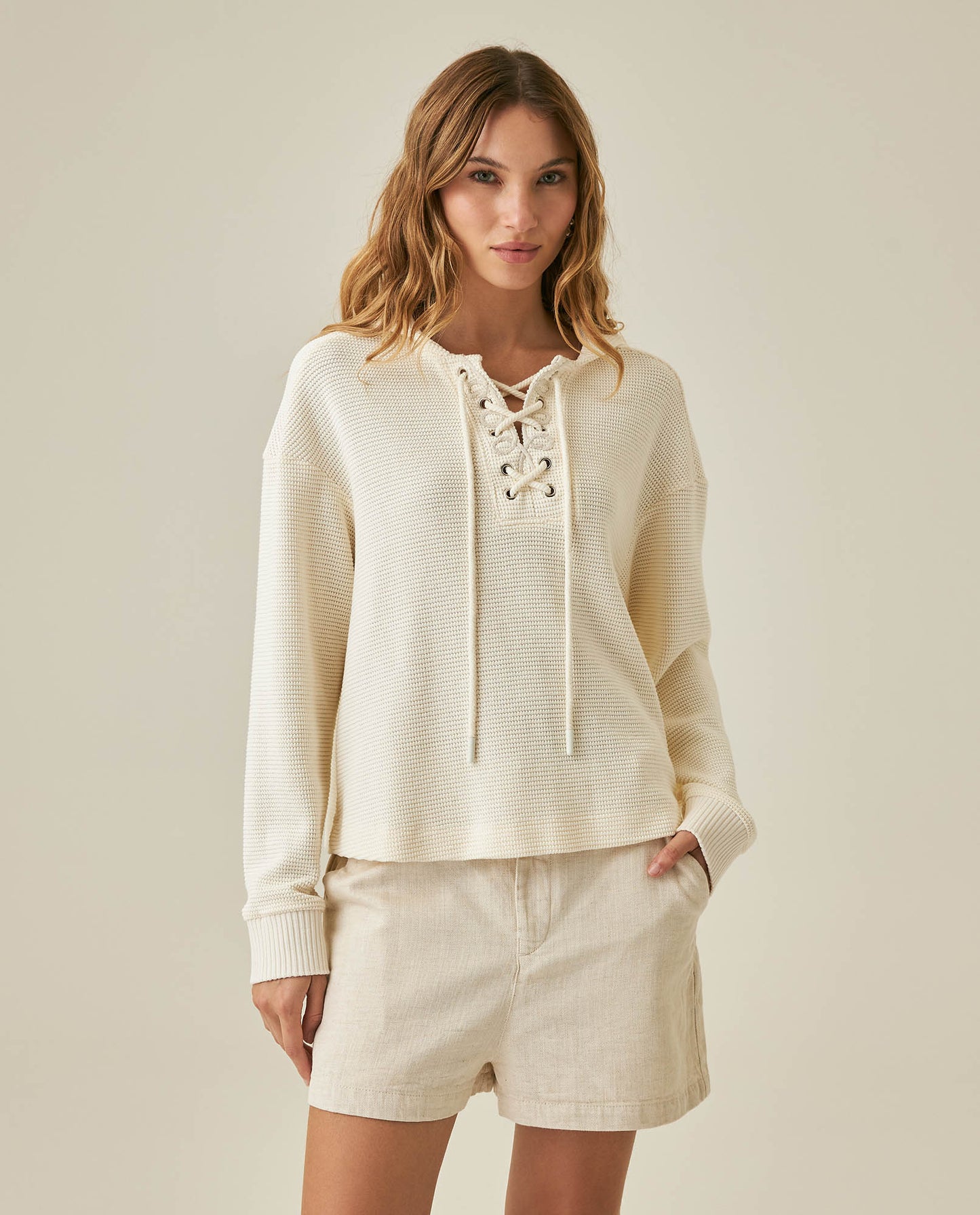 Womens Sweatshirt Closed Wide Silhouette Cotton Blend Waffle Texture - Raw 63_781H004_CRU114302_0