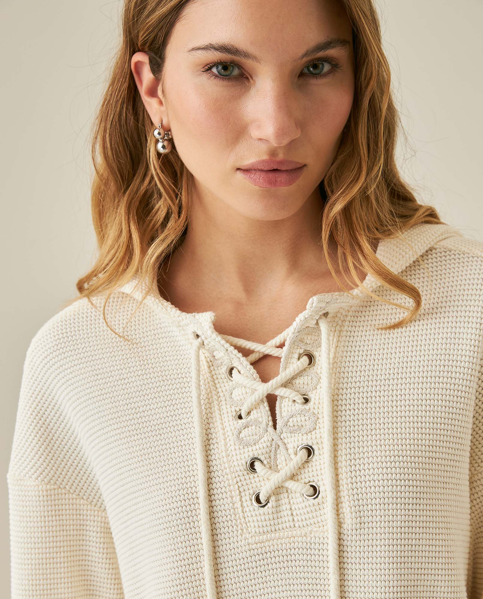 Womens Sweatshirt Closed Wide Silhouette Cotton Blend Waffle Texture - Raw 63_781H004_CRU114302_5