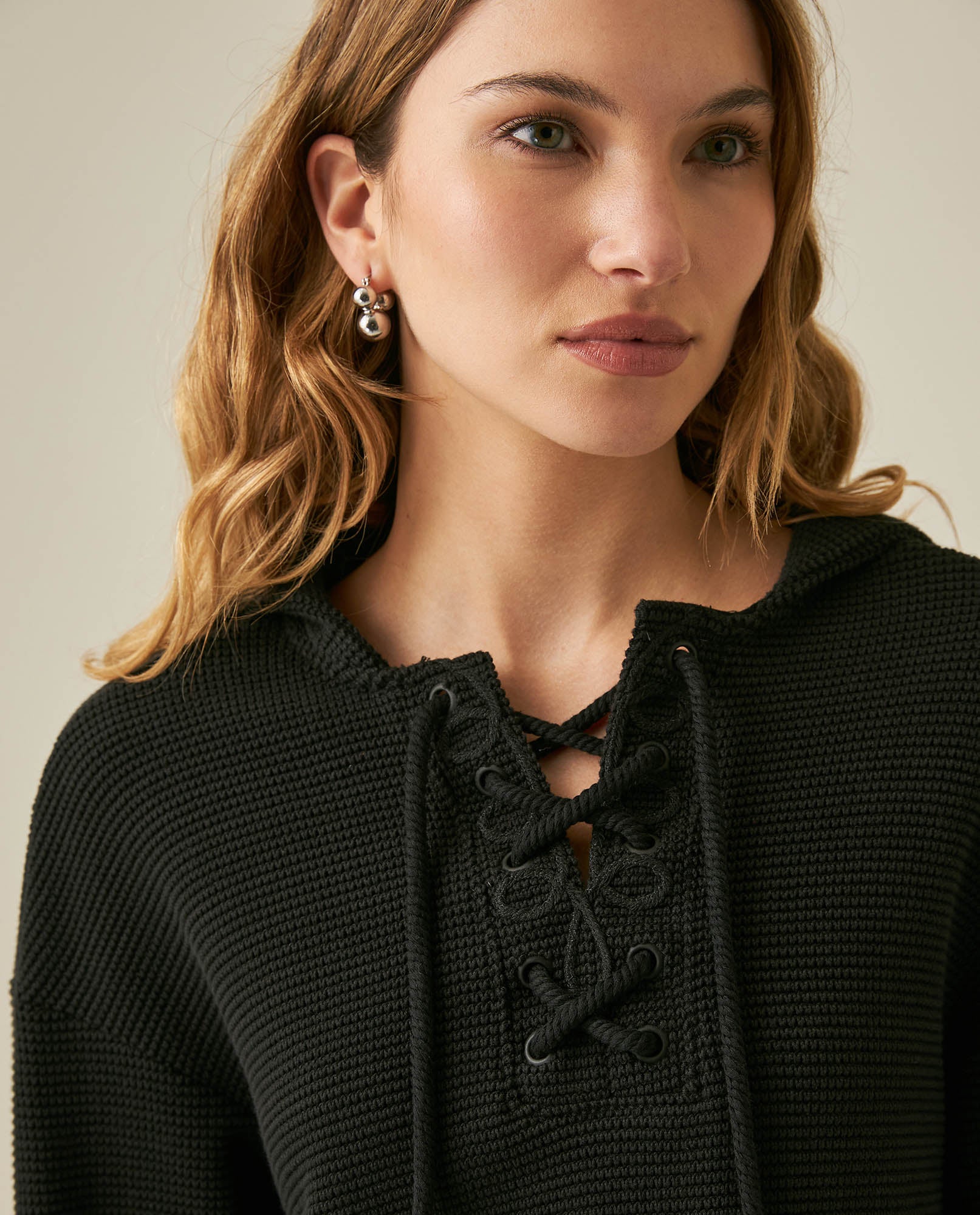 Womens Sweatshirt Closed Wide Silhouette Cotton Blend Waffle Texture - Black 63_781H004_NEG194004_5