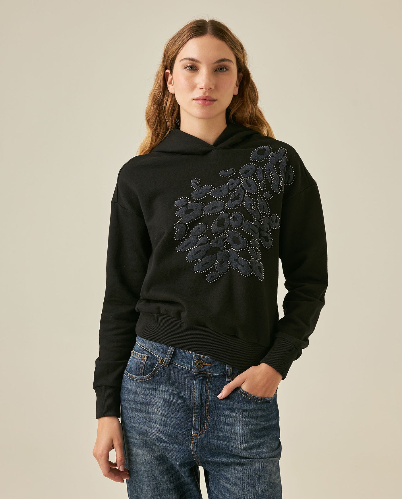 Womens Sweatshirt Hoodie Style Loose Fit Cotton Blend Animal Print Flock - Black 63_781H005_NEG194004_0