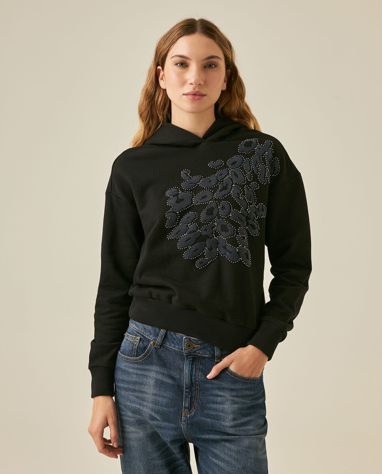 Womens Sweatshirt Hoodie Style Loose Fit Cotton Blend Animal Print Flock - Black 63_781H005_NEG194004_0