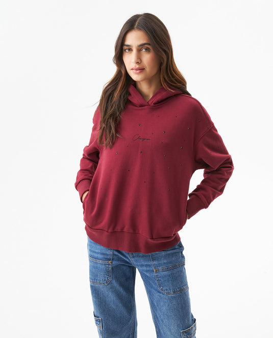 Women's Stone Accent Hooded Sweatshirt in Cotton-Polyester Blend, Ceremony - 2