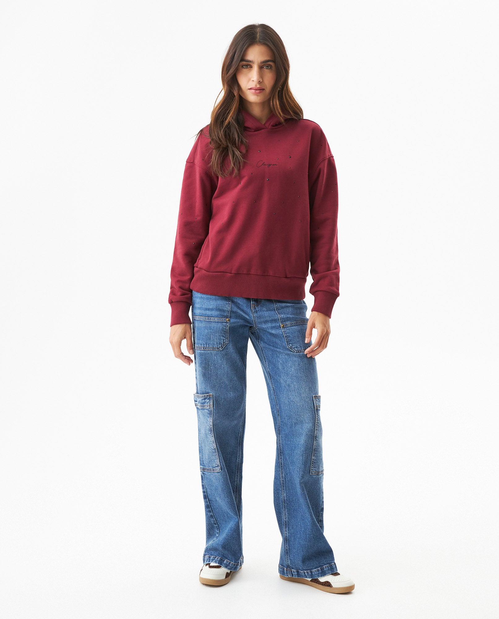 Women's Stone Accent Hooded Sweatshirt in Cotton-Polyester Blend, Ceremony - 3
