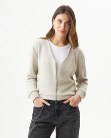 Women's Lurex Knit V-Neck Zip Cardigan in Cotton-Polyester Blend 63_789G003_CRU141106_0