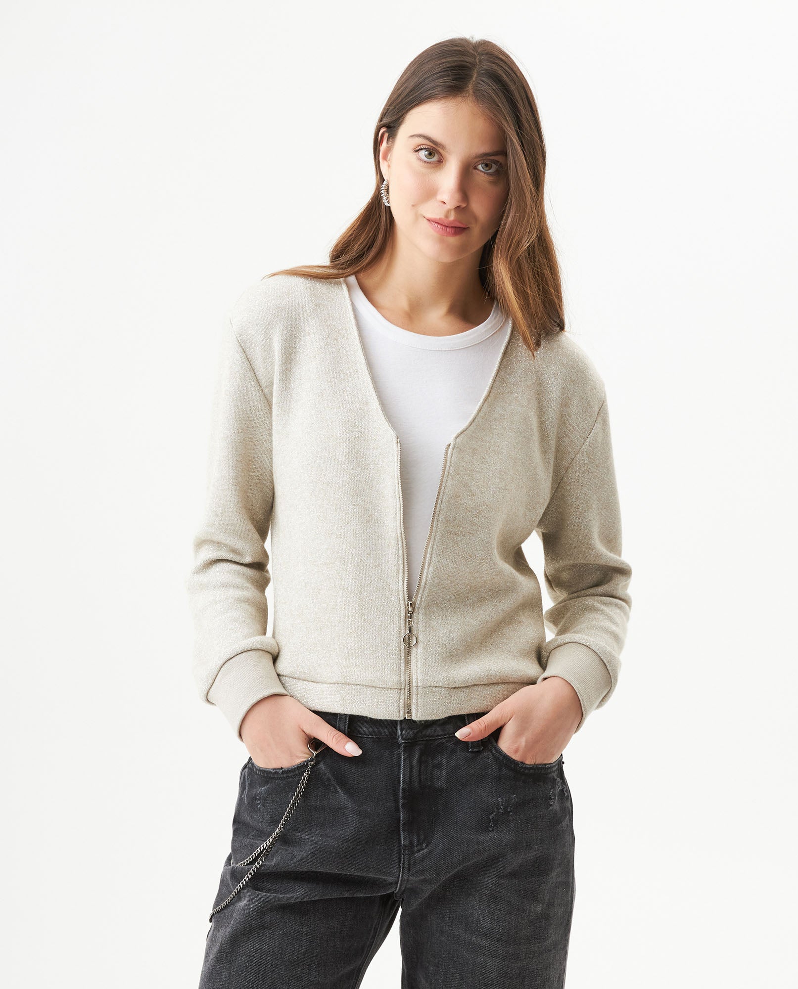 Women's Lurex Knit V-Neck Zip Cardigan in Cotton-Polyester Blend - 1