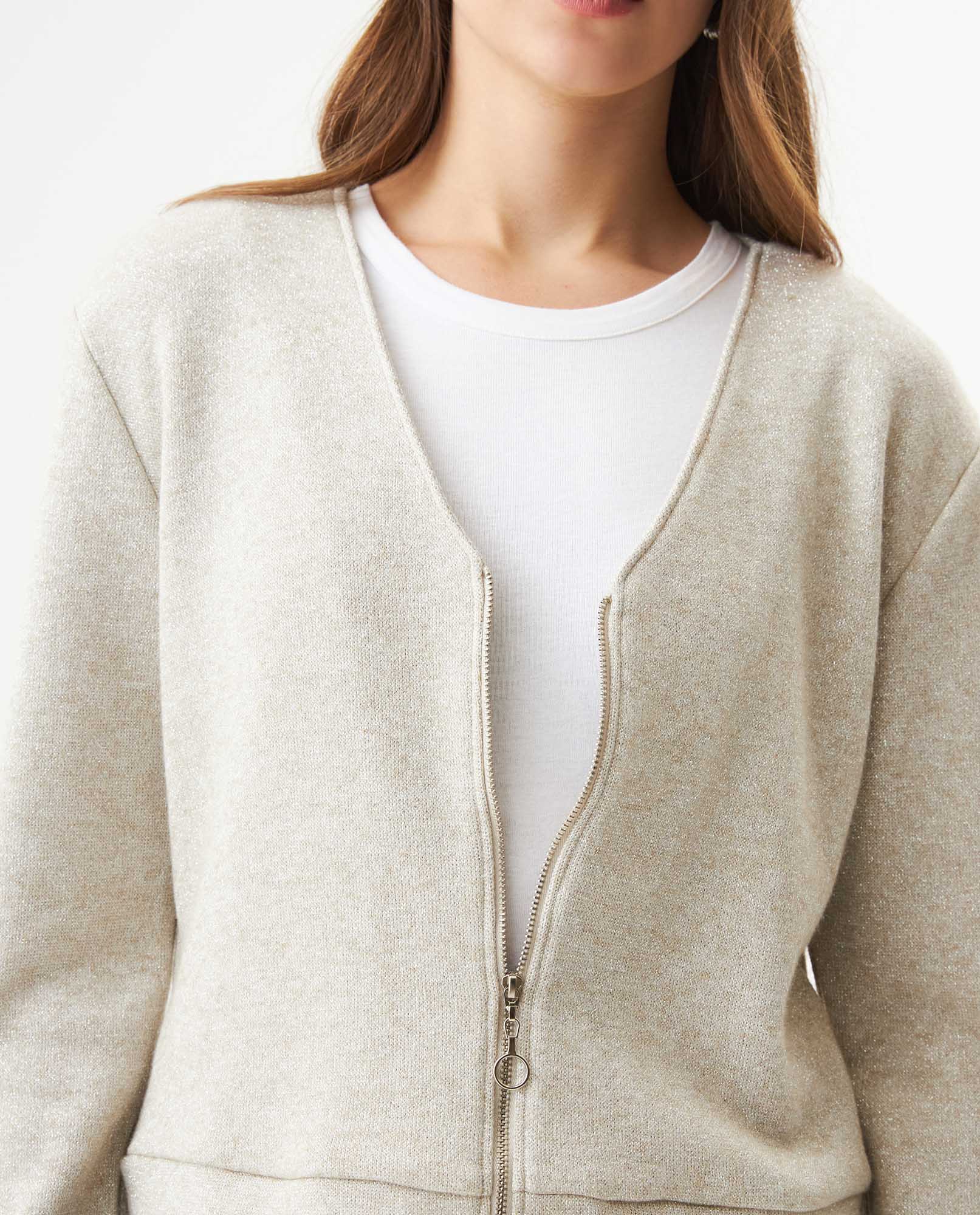 Women's Lurex Knit V-Neck Zip Cardigan in Cotton-Polyester Blend - 4
