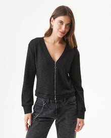 Women's Lurex Knit V-Neck Zip Cardigan in Cotton-Polyester Blend 63_789G003_NEG194007_0