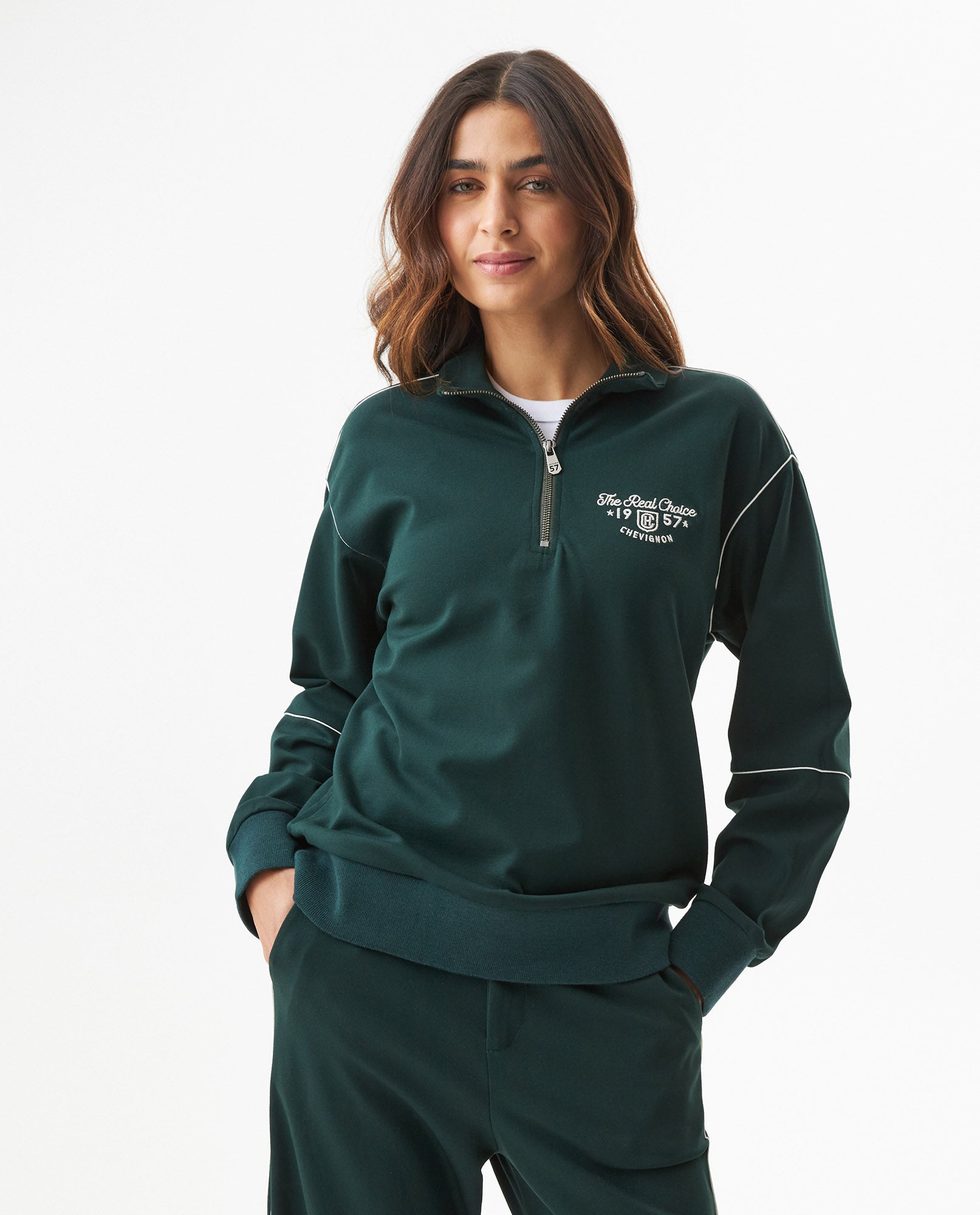 Women's Contrast Detail Half-Zip Sweatshirt in Rayon-Nylon Blend - 1