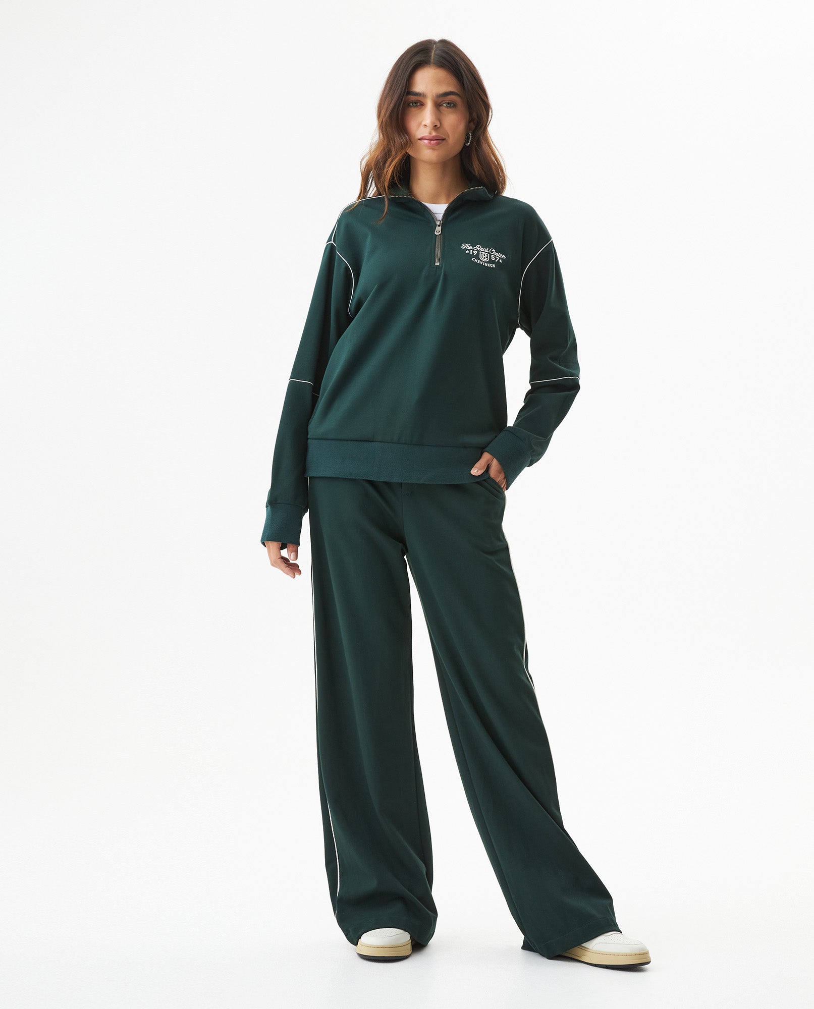 Women's Contrast Detail Half-Zip Sweatshirt in Rayon-Nylon Blend - 2