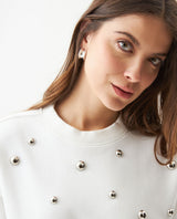 Women's Studded Oversized Crew Neck Sweatshirt in Cotton-Polyester Blend, Plaza - 4