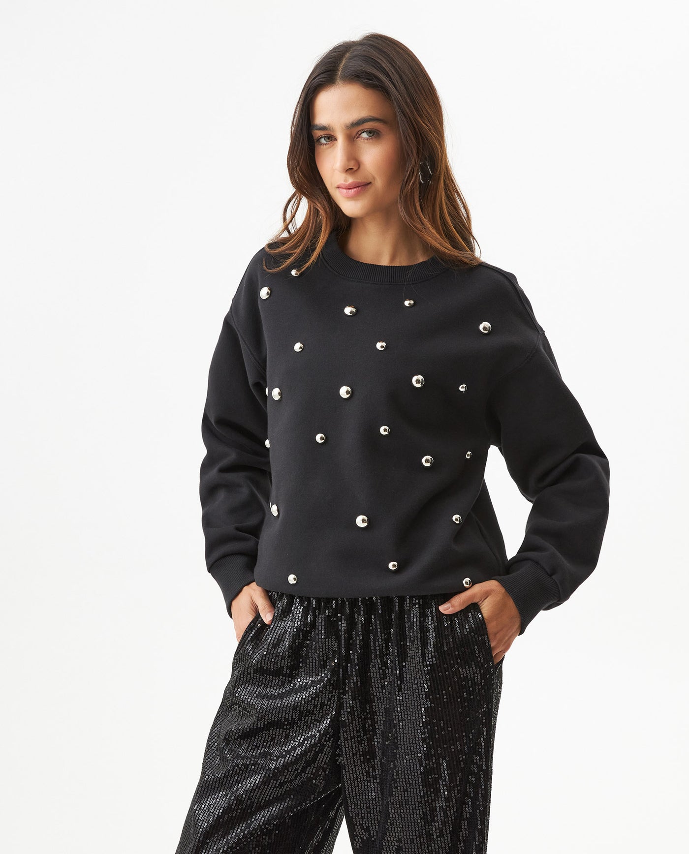 Women's Studded Oversized Crew Neck Sweatshirt in Cotton-Polyester Blend, Plaza - 1