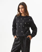 Women's Studded Oversized Crew Neck Sweatshirt in Cotton-Polyester Blend, Plaza - 1