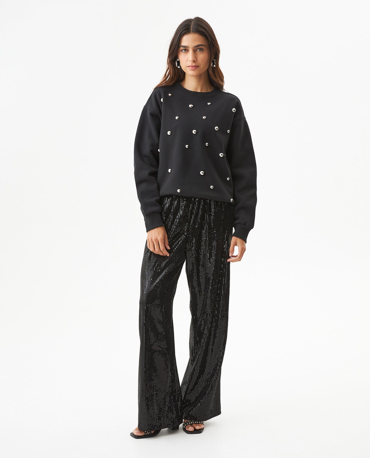 Women's Studded Oversized Crew Neck Sweatshirt in Cotton-Polyester Blend, Plaza - 2