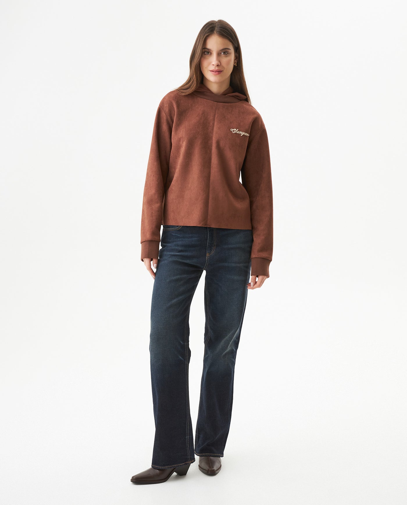 Women's Contrast Heart Embroidered Hooded Sweatshirt in Polyester Stretch Blend, Festive - 3
