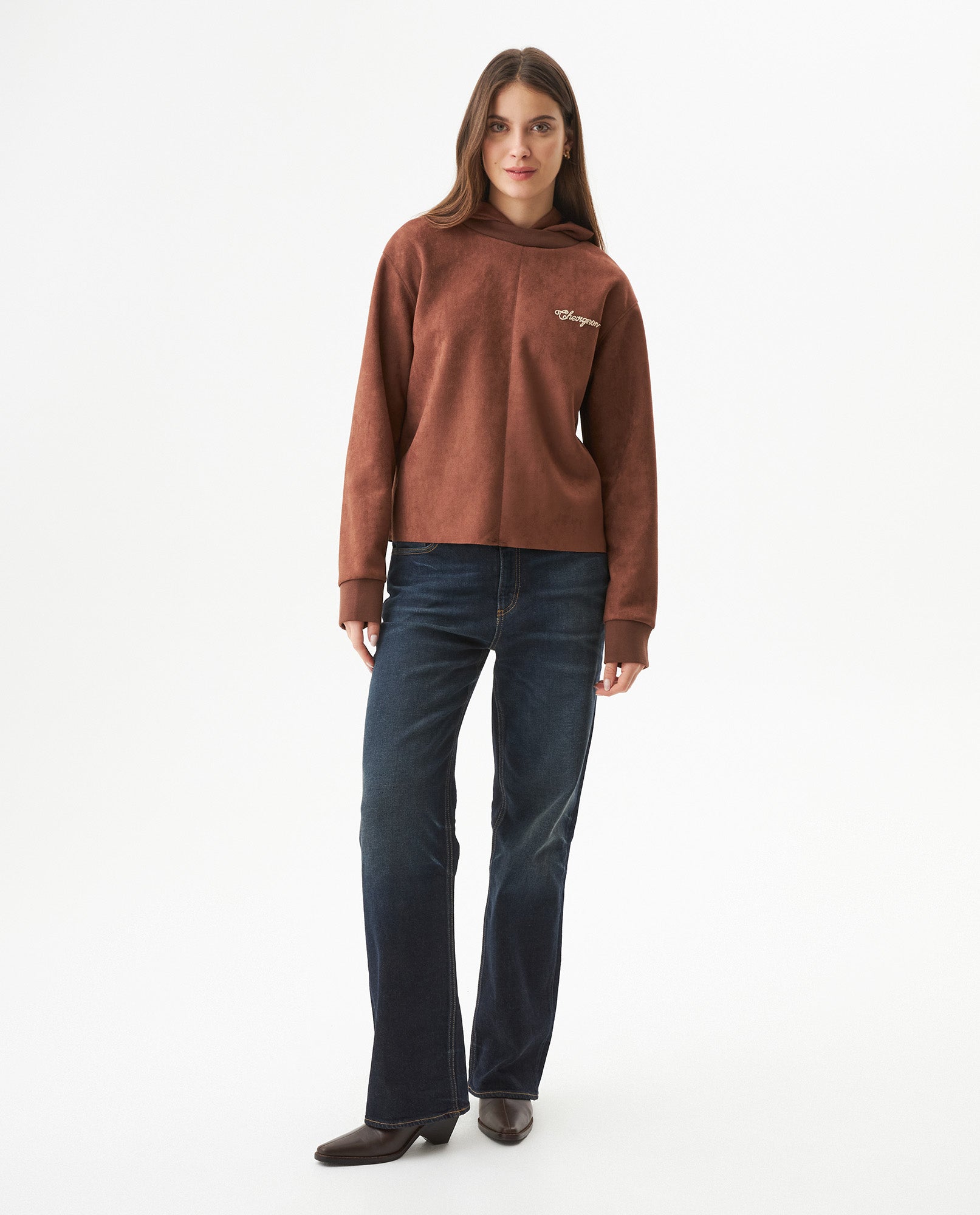 Women's Contrast Heart Embroidered Hooded Sweatshirt in Polyester Stretch Blend, Festive - 3