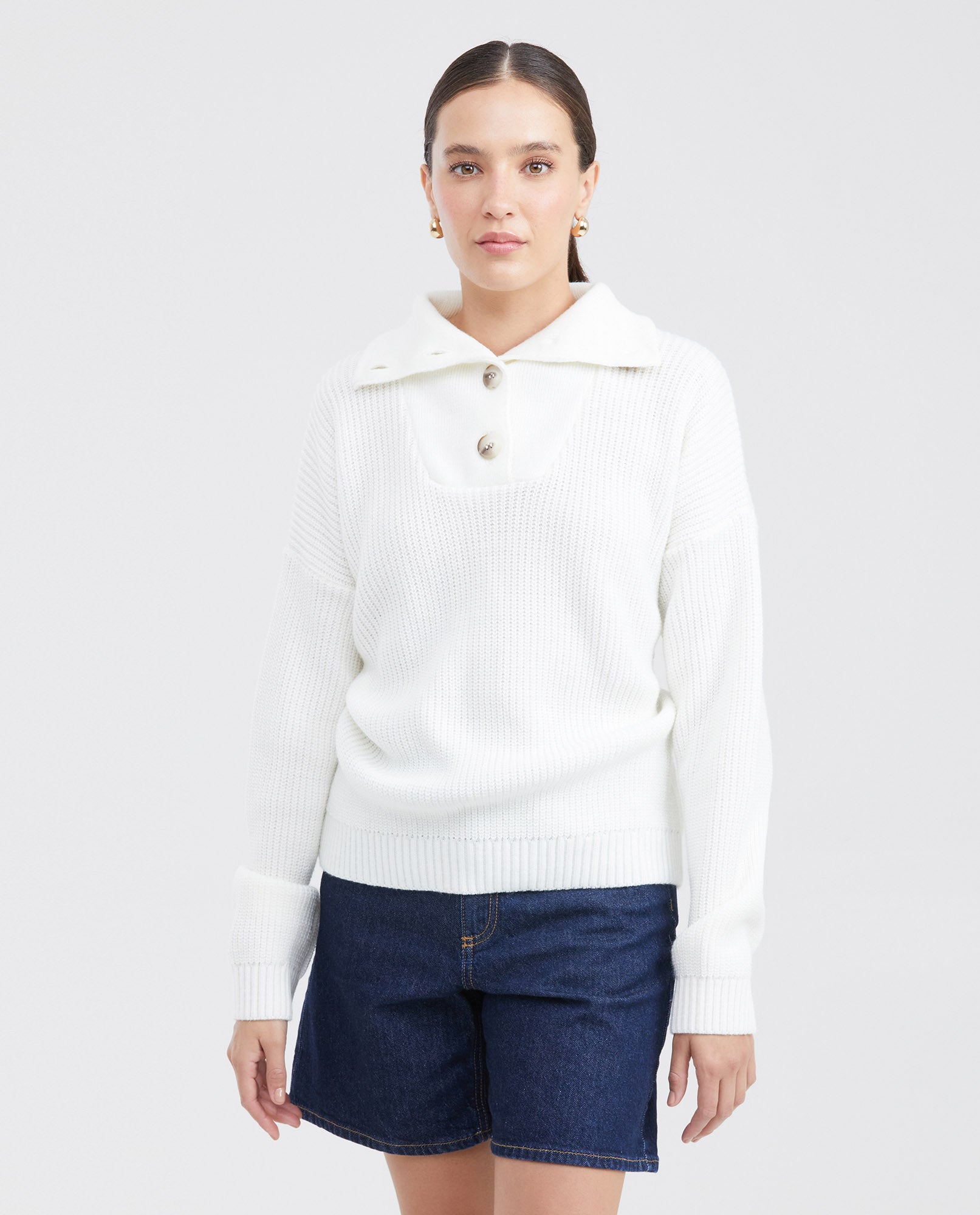 Women's Oversized Half-Button High Neck Sweater with Metal