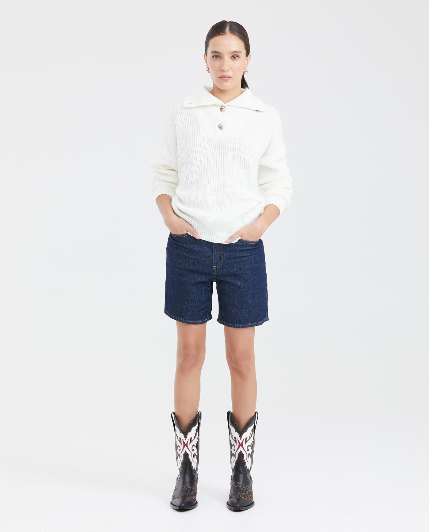 Women's Oversized Half-Button High Neck Sweater with Metal Chevignon Plate in Acrylic-Nylon - 7