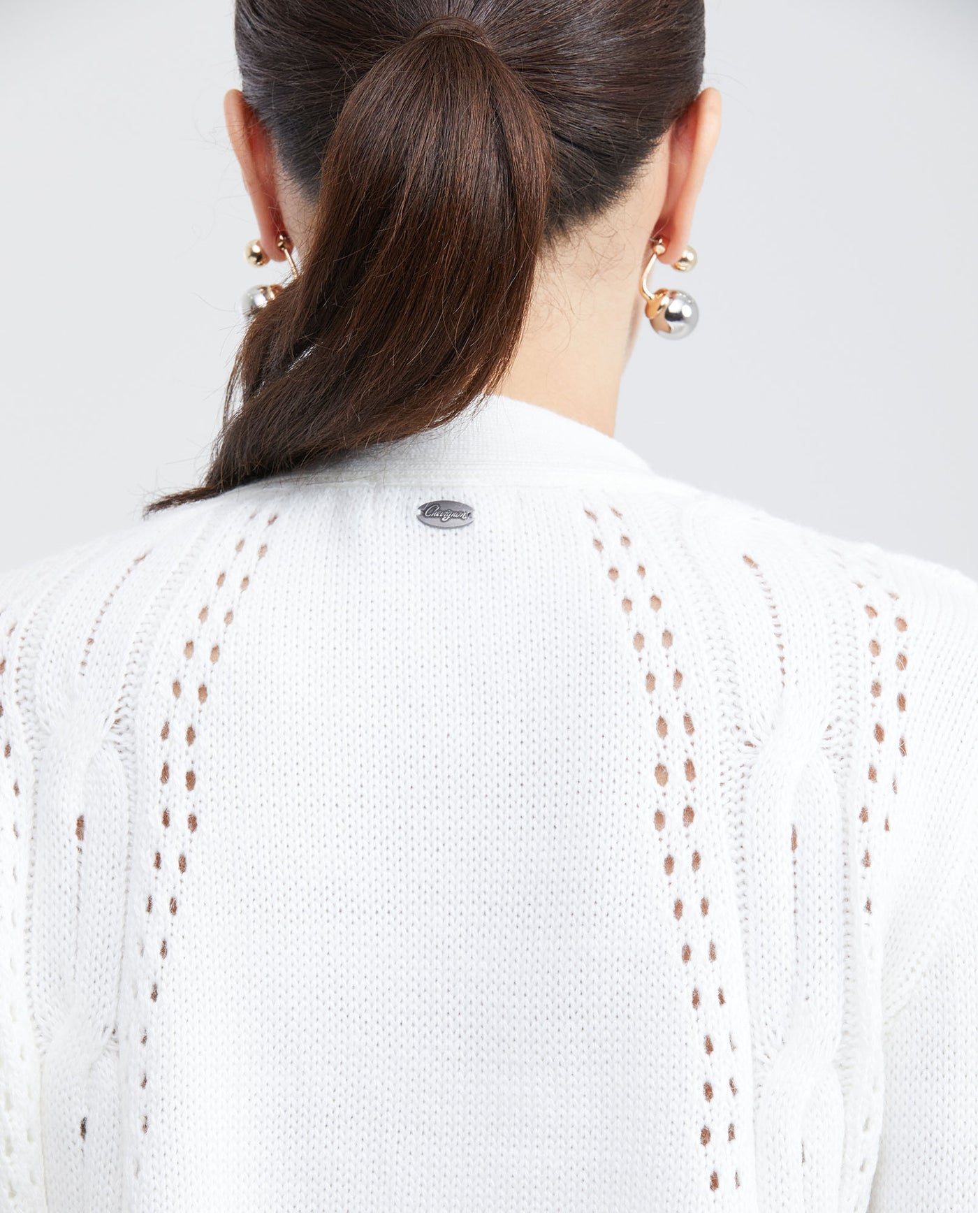 Women's Cropped V-Neck Cardigan with Angora-Effect Knit and Metal Plate in Mixed Fibers - 6