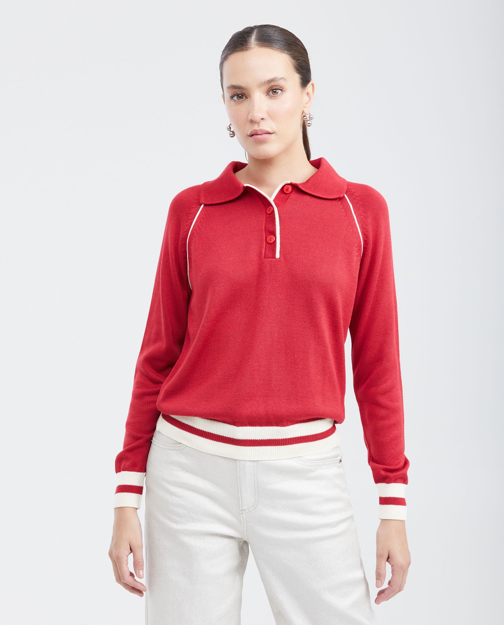 Women's Raglan Sleeve Polo Sweater with Contrast Details and Metal Plate in Modal Blend - 1