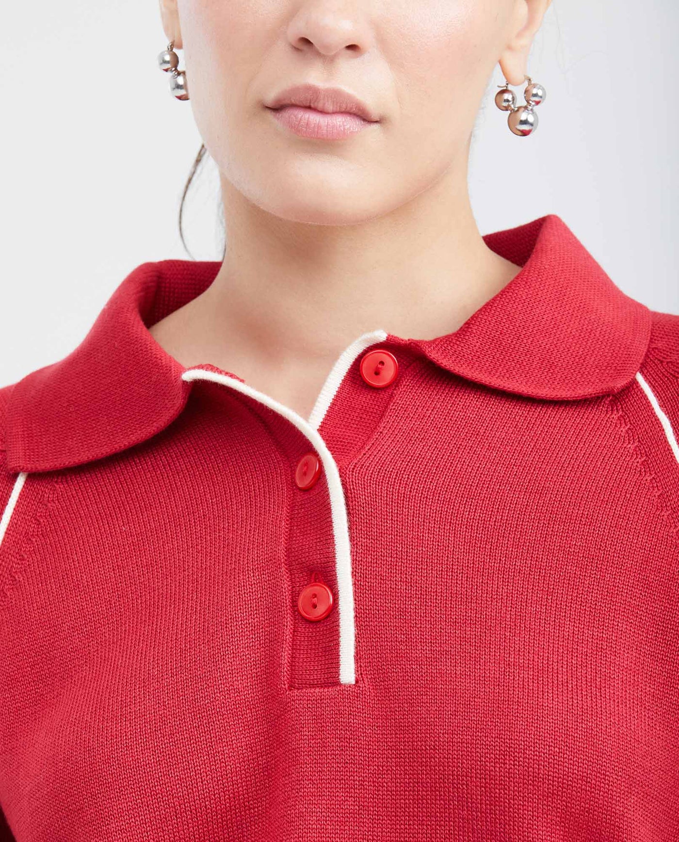 Women's Raglan Sleeve Polo Sweater with Contrast Details and Metal Plate in Modal Blend - 2