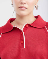 Women's Raglan Sleeve Polo Sweater with Contrast Details and Metal Plate in Modal Blend - 2