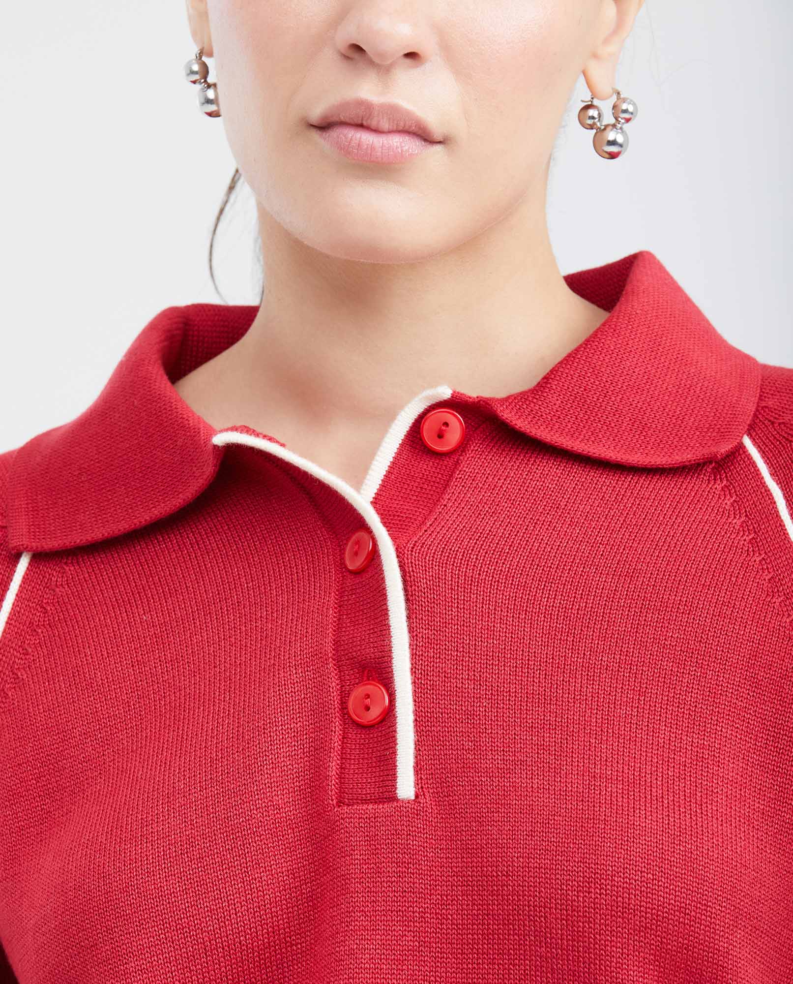 Women's Raglan Sleeve Polo Sweater with Contrast Details and Metal Plate in Modal Blend - 2