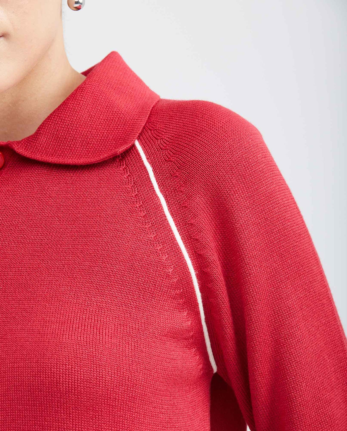 Women's Raglan Sleeve Polo Sweater with Contrast Details and Metal Plate in Modal Blend - 3