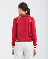 Women's Raglan Sleeve Polo Sweater with Contrast Details and Metal Plate in Modal Blend - 5