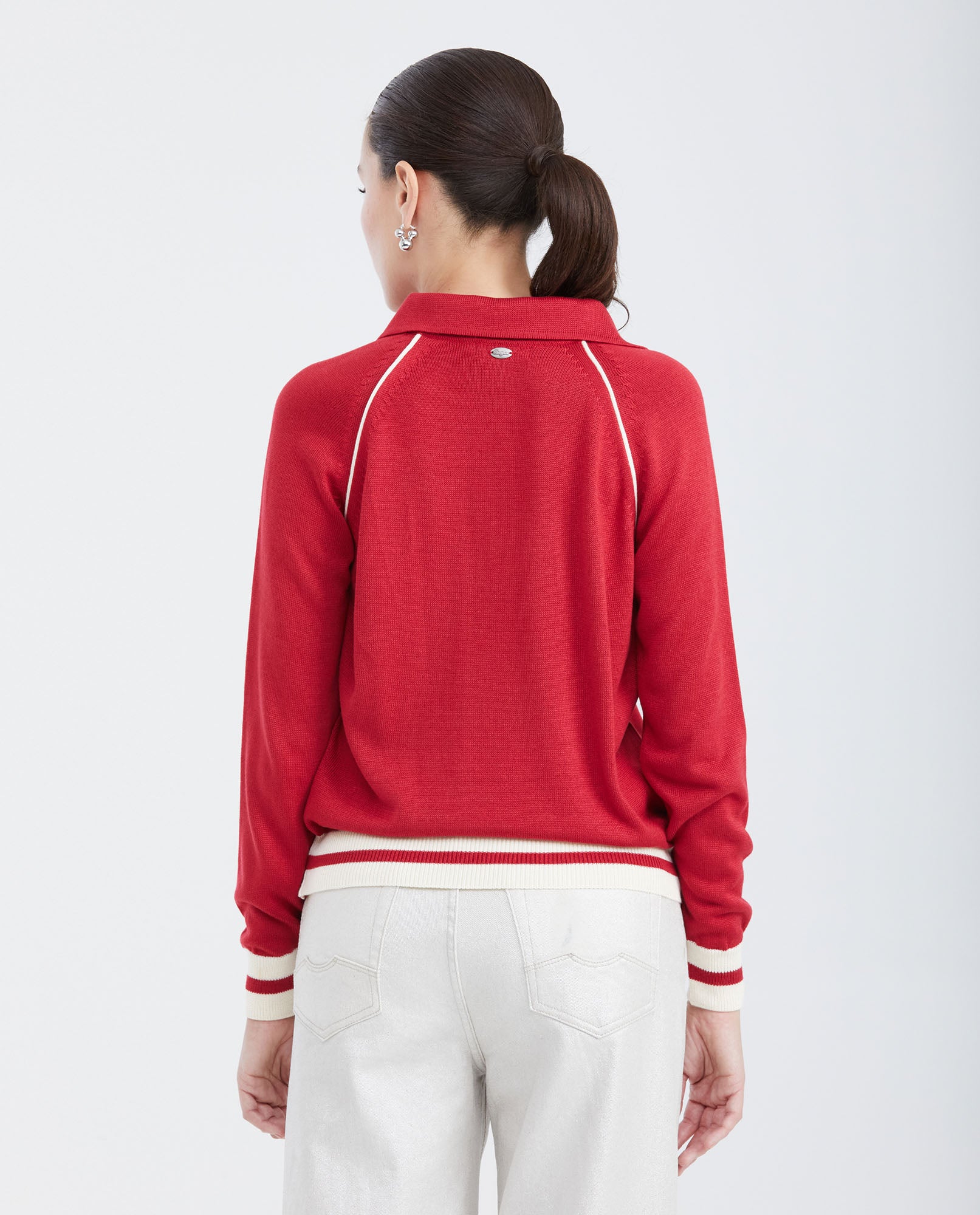 Women's Raglan Sleeve Polo Sweater with Contrast Details and Metal Plate in Modal Blend - 5