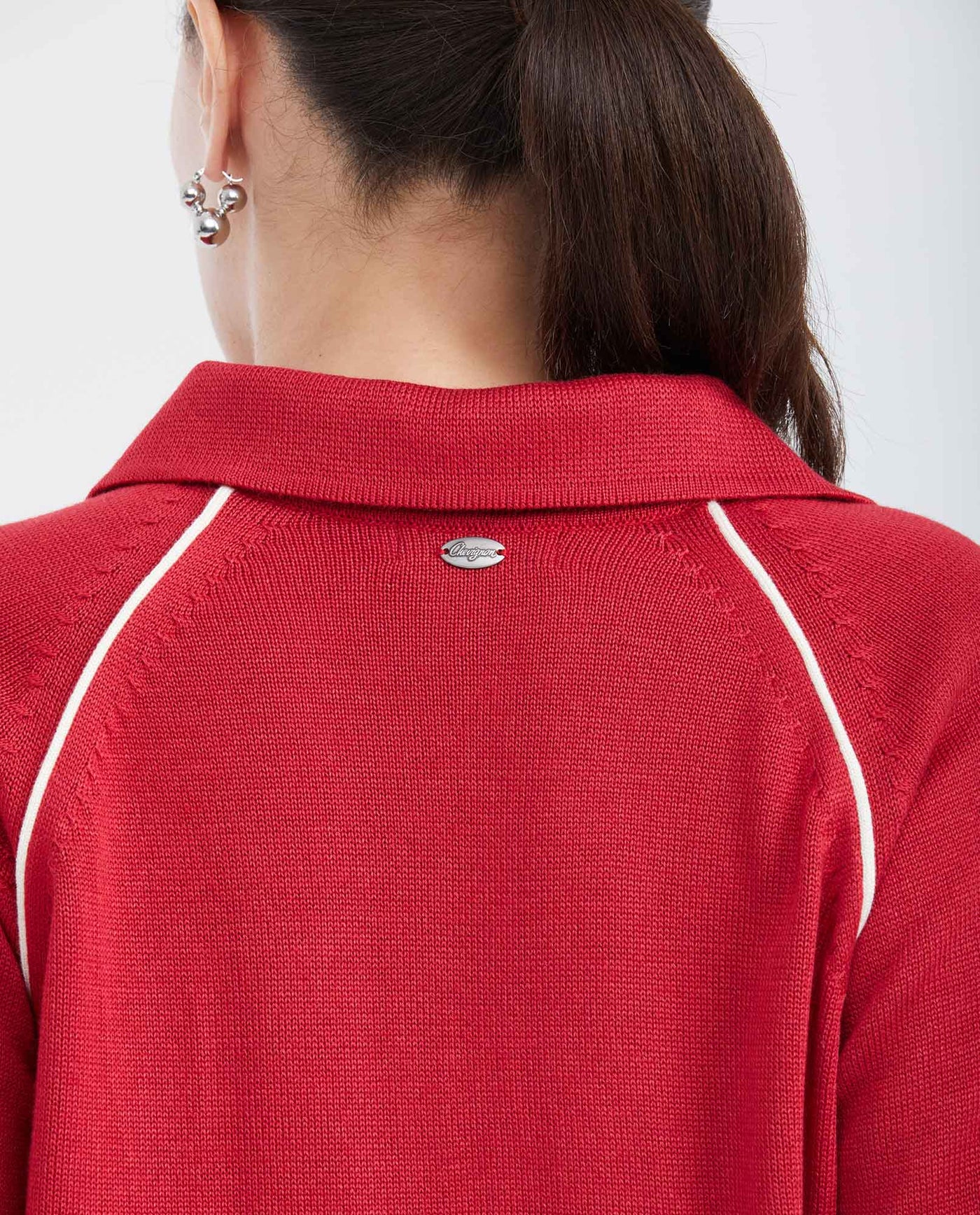 Women's Raglan Sleeve Polo Sweater with Contrast Details and Metal Plate in Modal Blend - 6